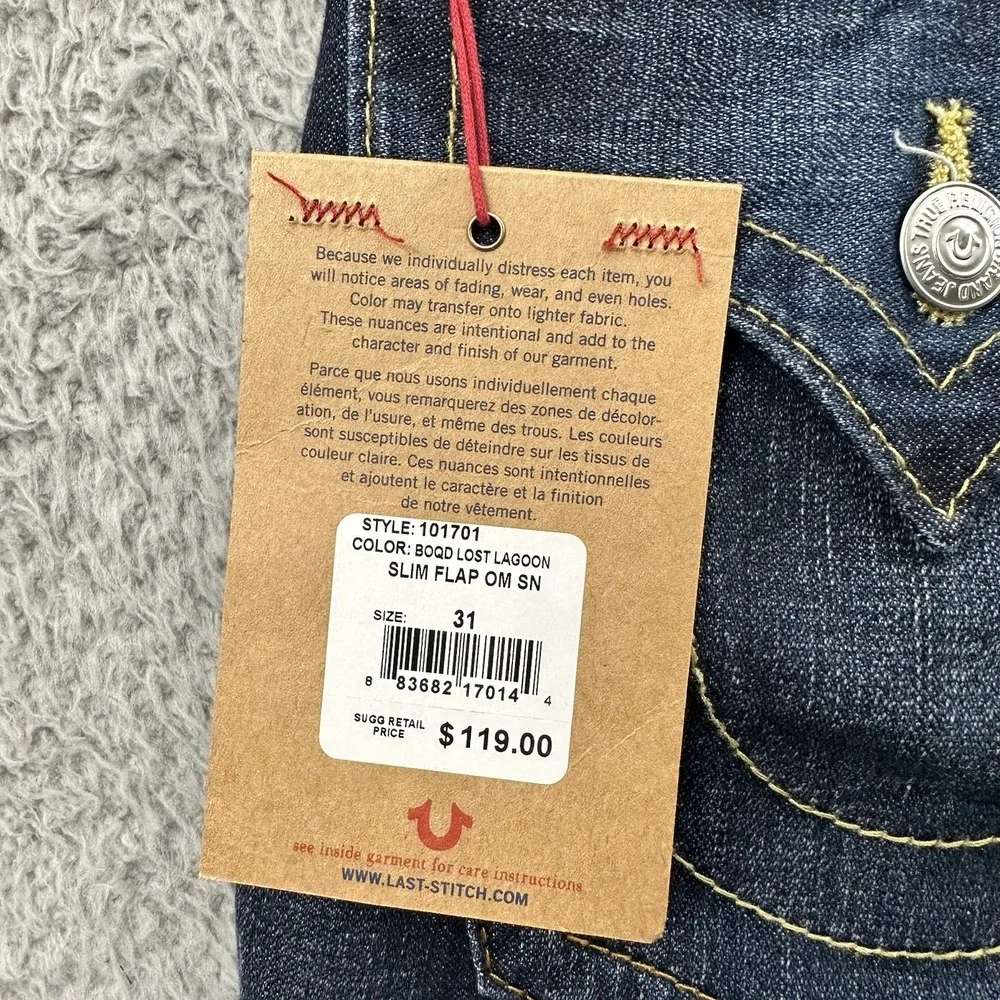 True Religion Geno Slim Jeans Flap‎ Back Pockets Lost Lagoon Denim Men's 31 x 34